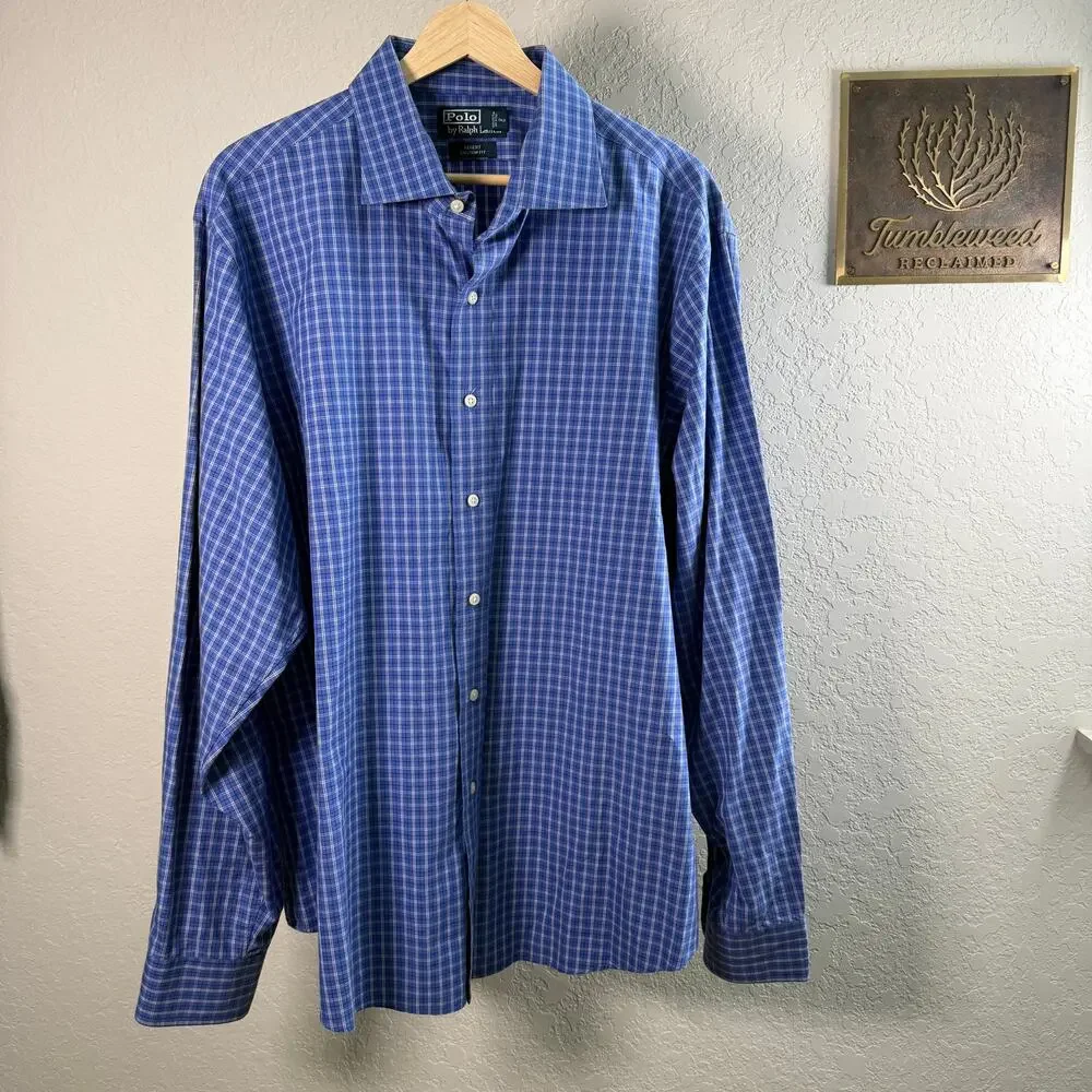Men's‎ Polo Ralph Lauren Blue Plaid Button Down Long Sleeve Shirt Size 18 XXL